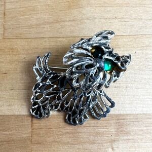 Vintage Silver Tone Scottish Terrier Dog Brooch Bobble Green Eye Costume Jewelry